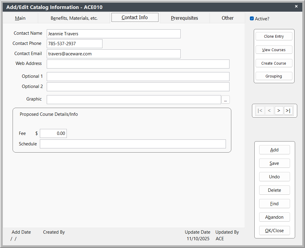 Catalog Contact Info Tab