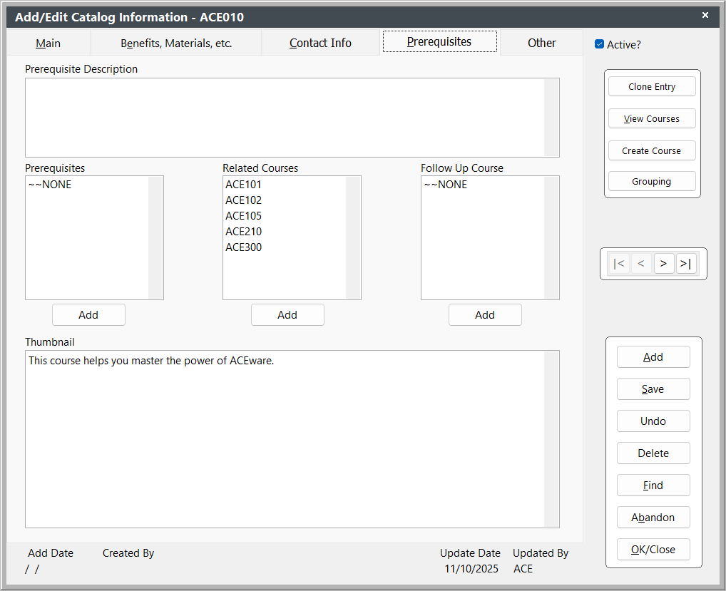 Catalog Prerequisite Tab