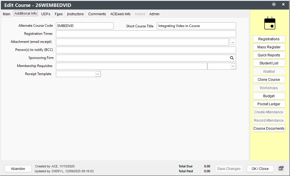 Course Additional Info Tab
