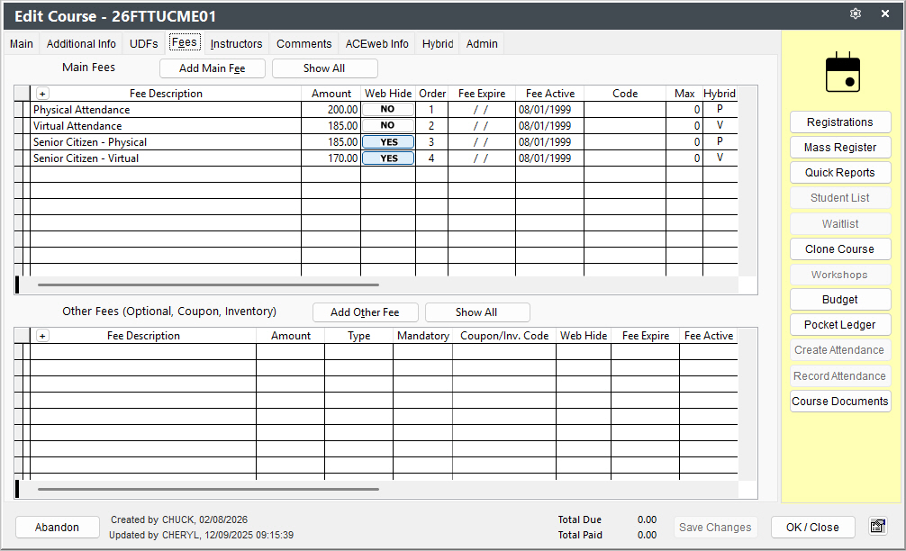 Course Fees Tab