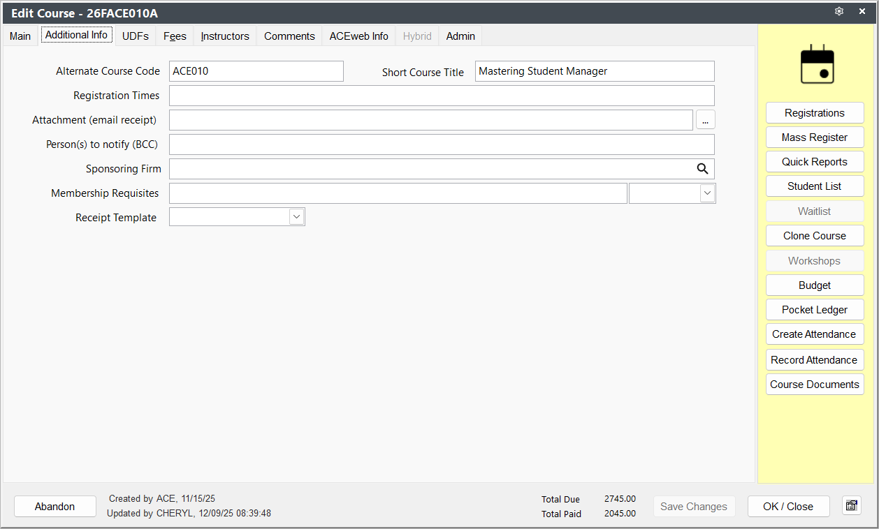 Course Additional Info Tab