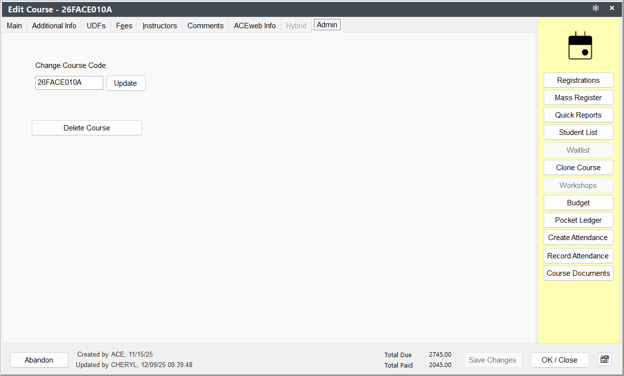 Course Admin Tab