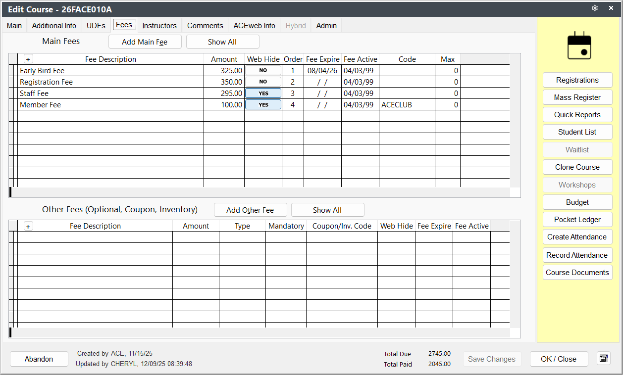 Course Fees Tab