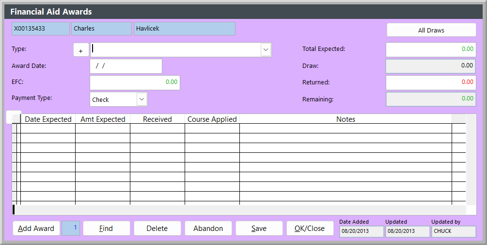Financial Aid Screen