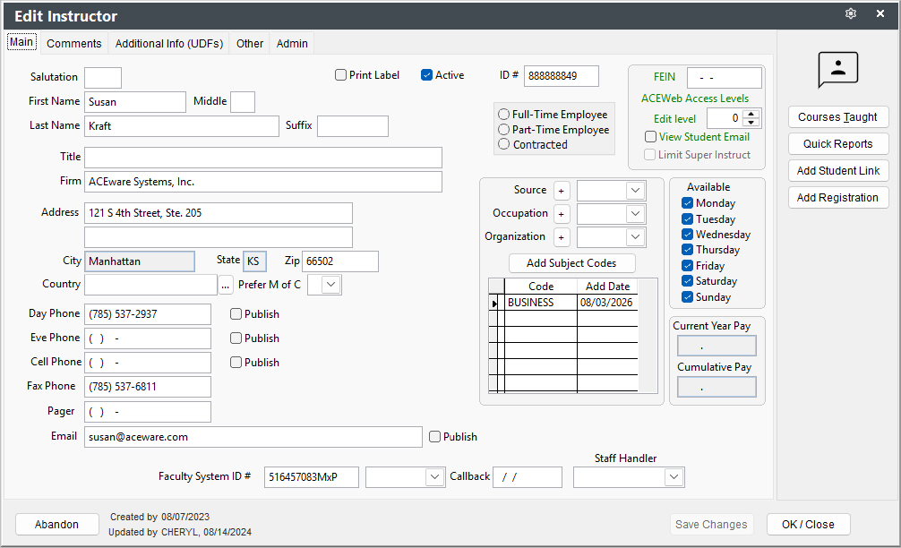 Faculty Manager Screen