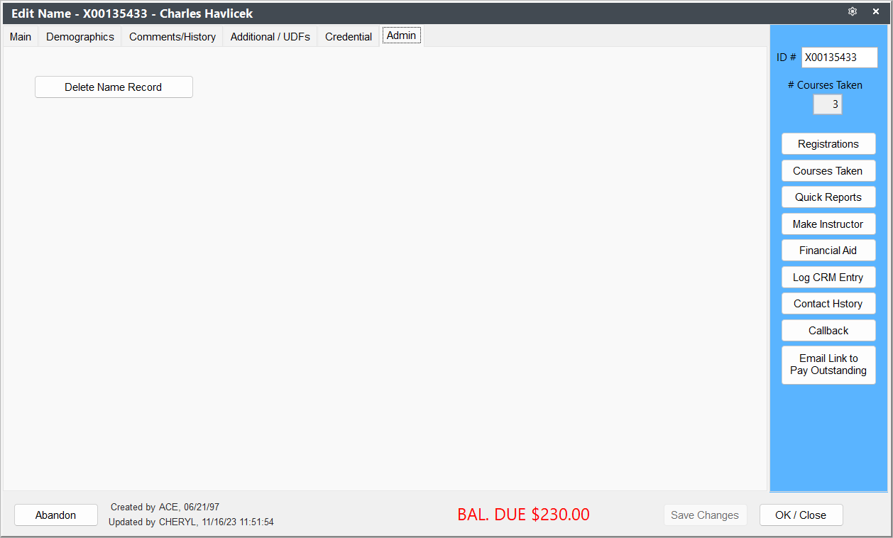 Names Admin Tab